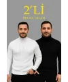 Erkek Fitilli Triko Kazak 2li Set Beyaz Siyah Regular Balıkcı Yaka Tam Boğazlı Triko Seti Modeli Kazak