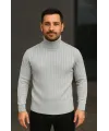 Erkek Fitilli Triko Kazak 2li Set Gri Siyah Regular Balıkcı Yaka Tam Boğazlı Triko Seti Modeli Kazak