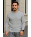 Erkek Fitilli Triko Kazak 2’li Set – Siyah - Gri, Kalın Dokuma Pamuklu Regular Fit Bisiklet Yaka Uzun Kollu Rahat Kışlık Kazak Kombini