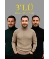 Erkek Fitilli Triko Kazak 3lÜ Set Bej Haki Siyah Regular Balıkcı Yaka Tam Boğazlı Triko Seti Modeli Kazak