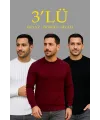 Erkek Fitilli Triko Kazak 3lü Set Beyaz Bordo Siyah Regular Fit Bisiklet Yaka Triko Seti