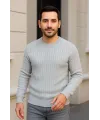 Erkek Fitilli Triko Kazak 3lü Set Gri Haki Siyah Regular Fit Bisiklet Yaka Triko Seti Modeli Kazak