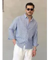 Erkek İnce Çizgili Gofre Kumaş Rahat Kalıp Gömlek