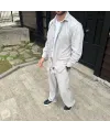 Erkek Kadife Oversize Takım Gömlek Pantolon İkili Set - Gri