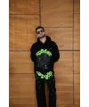 Erkek Kapüşonlu Eşofman Takım Örümcek Ağı Ve Neon Yeşil Baskılı Kanguru Cepli Oversize Rahat Kalıp, Premium Üç İplik Kumaş - Siyah