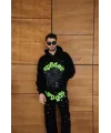 Erkek Kapüşonlu Eşofman Takım Örümcek Ağı Ve Neon Yeşil Baskılı Kanguru Cepli Oversize Rahat Kalıp, Premium Üç İplik Kumaş - Siyah
