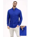 Erkek KETEN Kumaş Oversize Uzun Kollu Rahat Kalıp Gömlek - Saks Mavisi