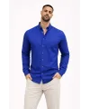 Erkek KETEN Kumaş Oversize Uzun Kollu Rahat Kalıp Gömlek - Saks Mavisi