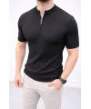 Erkek Kısa Kol Fitilli Triko T-Shirt Yazlık Hakim Yaka Tişört - Siyah