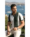 Erkek Kısa Kollu Polo Yakalı Blok Desenli Triko Bluz