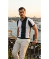 Erkek Kısa Kollu Polo Yakalı Blok Desenli Triko Bluz