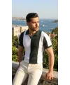 Erkek Kısa Kollu Polo Yakalı Blok Desenli Triko Bluz