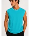 Erkek Kontrast Biyeli Kolsuz Atlet Bisiklet Yaka Yazlık Basic Atlet - Turkuaz