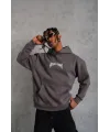 Erkek Kordon İpli Baskılı Kapüşonlu Sweatshirt - Füme