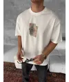 Erkek Ön Ve Arka Baskılı Oversize Bisiklet Yaka T-shirt - Beyaz