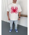 Erkek Örümcek Baskılı Tişört Kısa Kollu Bisiklet Yaka T-Shirt - Beyaz