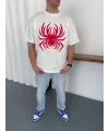 Erkek Örümcek Baskılı Tişört Kısa Kollu Bisiklet Yaka T-Shirt - Beyaz