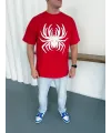 Erkek Örümcek Baskılı Tişört Kısa Kollu Bisiklet Yaka T-Shirt - Kırmızı