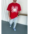 Erkek Örümcek Baskılı Tişört Kısa Kollu Bisiklet Yaka T-Shirt - Kırmızı