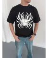 Erkek Örümcek Baskılı Tişört Kısa Kollu Bisiklet Yaka T-Shirt - Siyah