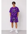 Erkek Oversize Kalıp Pubg Bape X Shark Nakışlı Cepli Şort Takım - Mor