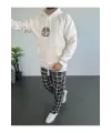 Erkek Oversize Üç İplik Kapüşonlu Sweatshirt – Beyaz Ön Baskılı, Kanguru Cepli, Rahat Kalıp, İçi Pamuklu Model