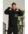Erkek Oversize Üç İplik Kapüşonlu Sweatshirt –Sırt Ve Ön Baskılı, Kanguru Cepli, Rahat Kalıp Maskot Desenli Model - Siyah