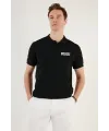 Erkek Polo Yaka Tişört Düğmeli Pike Baskılı T-Shirt - Siyah
