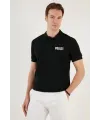 Erkek Polo Yaka Tişört Düğmeli Pike Baskılı T-Shirt - Siyah