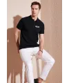 Erkek Polo Yaka Tişört Düğmeli Pike Baskılı T-Shirt - Siyah