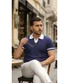Erkek Renkli Yakalı File Desenli Kısa Kollu Tişört