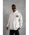 Erkek Şapkalı Güvercin Baskılı Kapşonlu Sweat - Beyaz