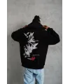 Erkek Şapkalı Güvercin Baskılı Kapşonlu Sweat - Siyah
