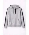 Erkek Şeritli Kapüşonlu Sweatshirt Oversize 3 Iplik Pamuklu - Gri