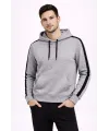 Erkek Şeritli Kapüşonlu Sweatshirt Oversize 3 Iplik Pamuklu - Gri