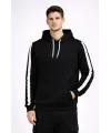 Erkek Şeritli Kapüşonlu Sweatshirt Oversize 3 Iplik Pamuklu - Siyah