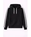 Erkek Şeritli Kapüşonlu Sweatshirt Oversize 3 Iplik Pamuklu - Siyah