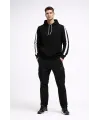 Erkek Şeritli Kapüşonlu Sweatshirt Oversize 3 Iplik Pamuklu - Siyah