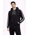 Erkek Şeritli Kapüşonlu Sweatshirt Oversize 3 Iplik Pamuklu - Siyah