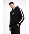 Erkek Şeritli Kapüşonlu Sweatshirt Oversize 3 Iplik Pamuklu - Siyah