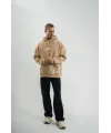 Erkek Şimşek Baskılı Kapşonlu Sweatshirt Üç İplik Pamuklu Kanguru Cepli Double Oversize Hoodie - Bej