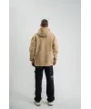 Erkek Şimşek Baskılı Kapşonlu Sweatshirt Üç İplik Pamuklu Kanguru Cepli Double Oversize Hoodie - Bej