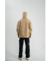 Erkek Şimşek Baskılı Kapşonlu Sweatshirt Üç İplik Pamuklu Kanguru Cepli Double Oversize Hoodie - Bej