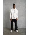 Erkek Sırt Baskılı Oversize Üç İplik Kapüşonlu Sweatshirt - Beyaz