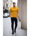 Erkek T-Shirt Bisiklet Yaka Slim Fit Dar Kesim Likralı Tişört Günlük Basic Body - Limon