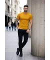 Erkek T-Shirt Bisiklet Yaka Slim Fit Dar Kesim Likralı Tişört Günlük Basic Body - Limon