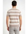 Erkek T-shirt Çizgili Triko Dokuma Bisiklet Yaka Tişört - Bej