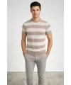 Erkek T-shirt Çizgili Triko Dokuma Bisiklet Yaka Tişört - Bej