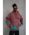 Erkek Üç İplik Içi Pamuklu Alev Baskılı Kapüşonlu Sweatshirt - Gül Kurusu