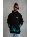 Erkek Üç İplik İçi Pamuklu Alev Baskılı Kapüşonlu Sweatshirt - Siyah